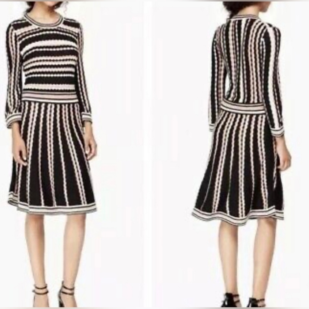 Kate Spade Fit Flare Cotton Cashmere Black Multi Color Stripe Sweater Dress XS